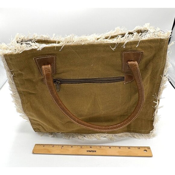 Creative Leather Art Canvas Tote Bag “Sel de Mer” Paris - Fringed & Striped Lini - Picture 9 of 11